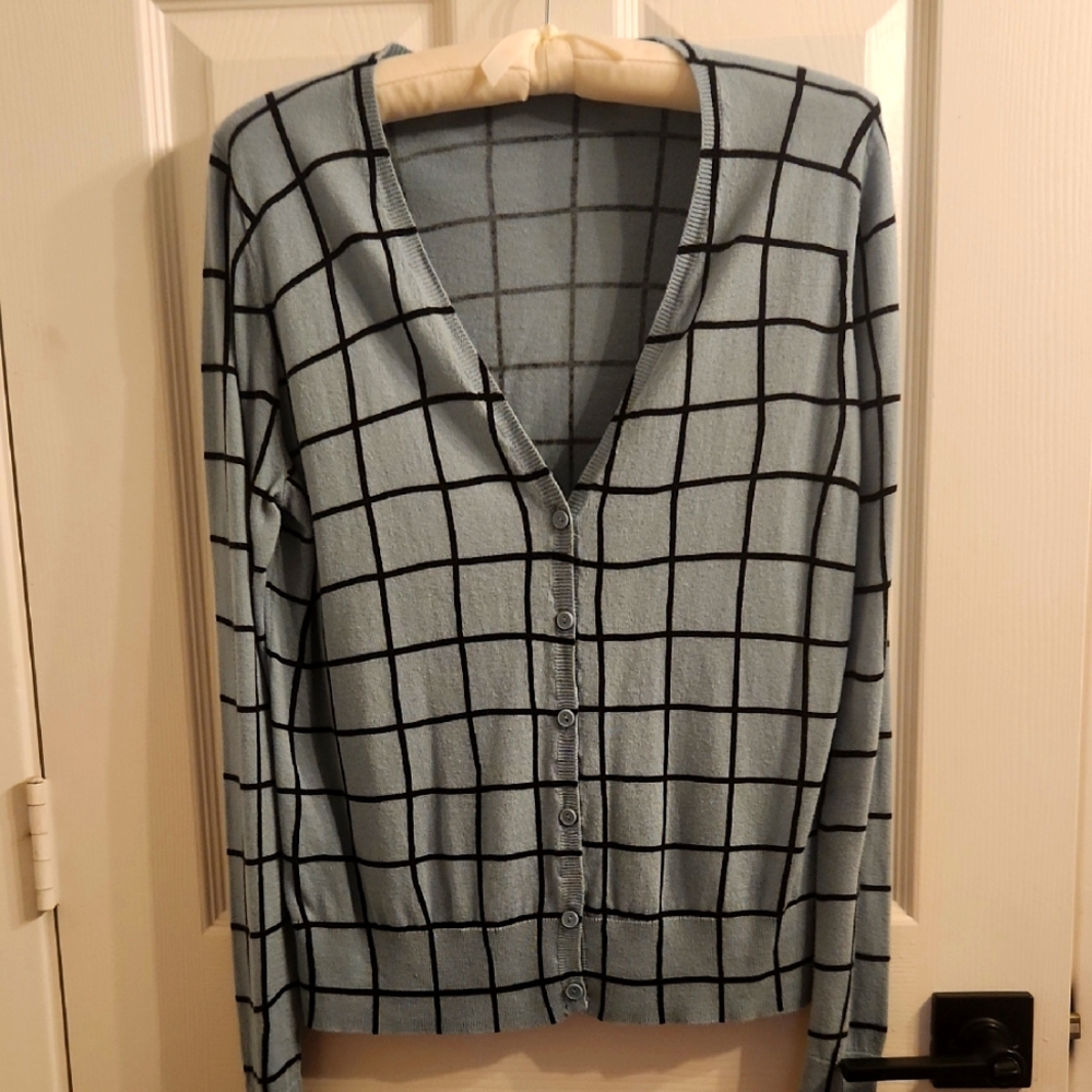 LOFT Blue and Black Grid Cardigan